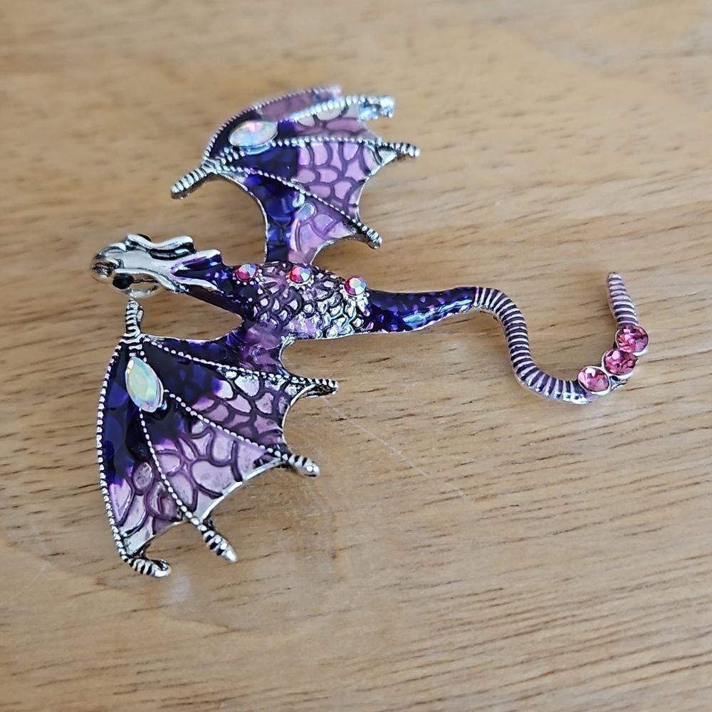 NWOT Purple and silver dragon brooch with crystals
